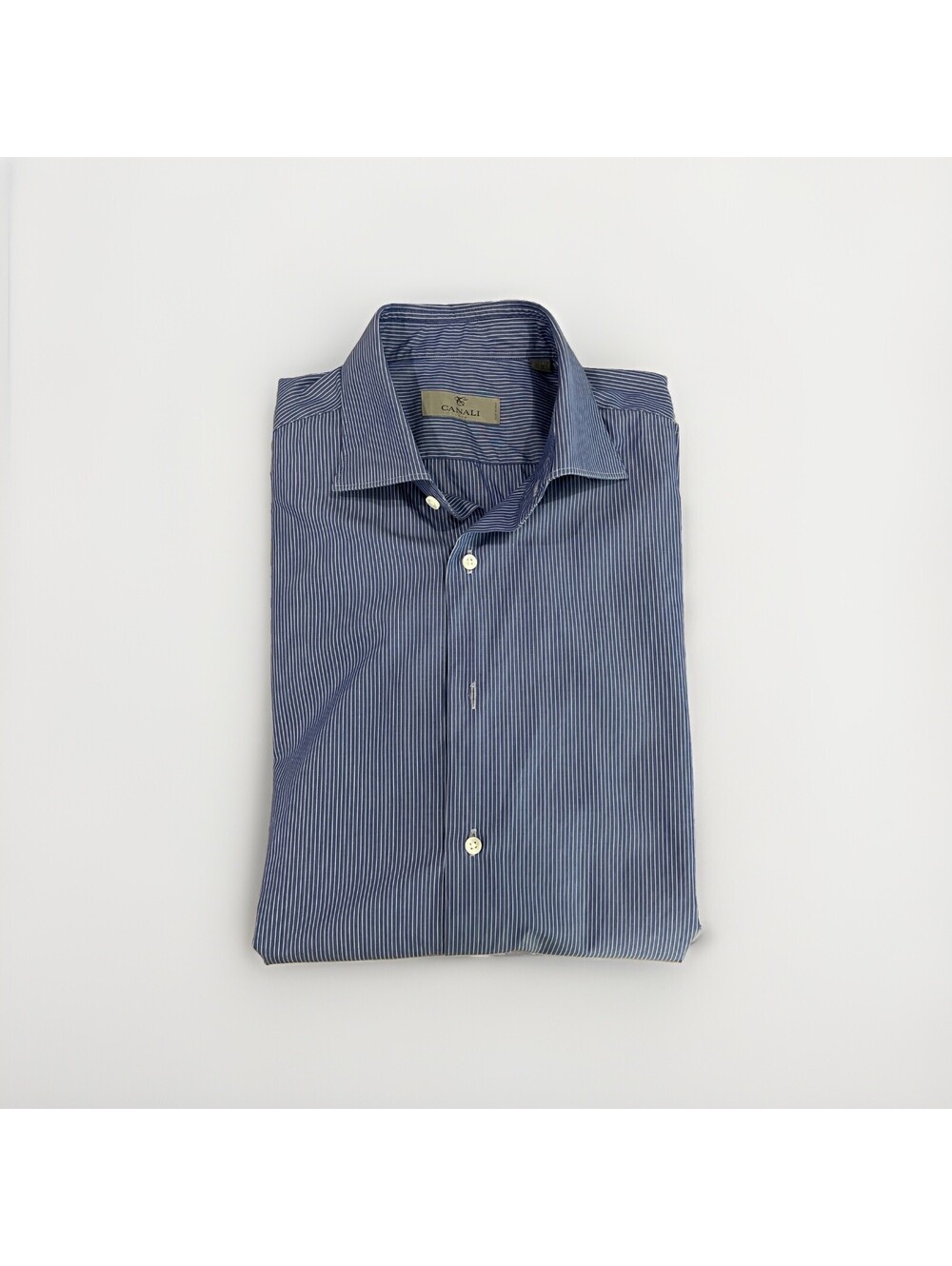 CANALI MENS DRESS SHIRT BLUE WITH WHITE STRIPES 16.5/42 LARGE MADE IN ITALY VGC